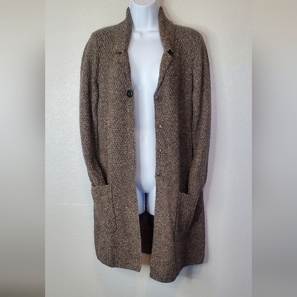 J Jill Melange Space Brown Duster Cardigan Tweed Kint Sweater Size Small Cotton - Picture 1 of 10